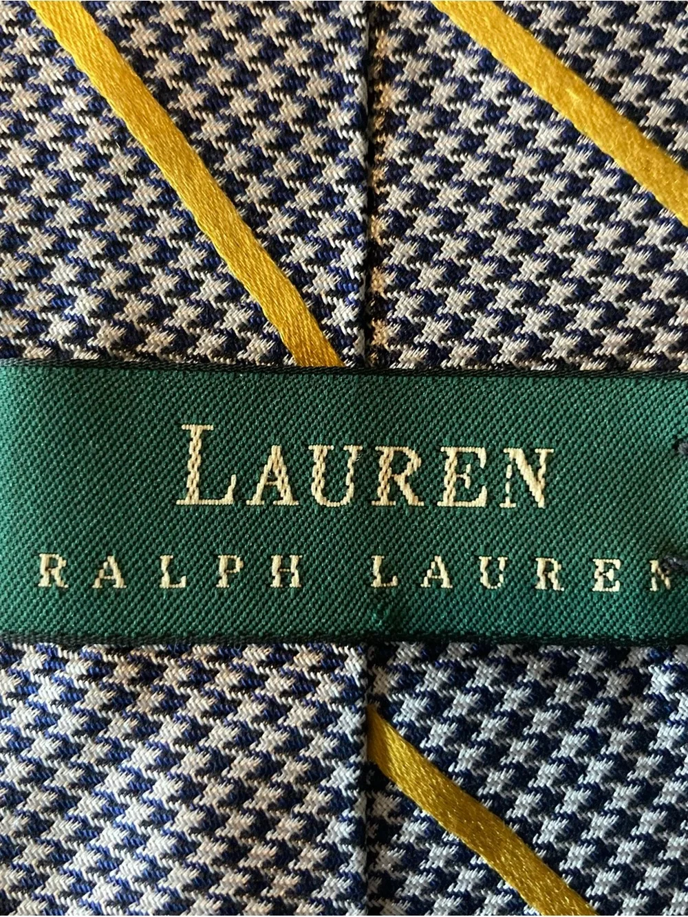 Lauren Ralph Lauren Mens 100% Silk Tie Blue/White Houndstooth Yellow Stripe USA.